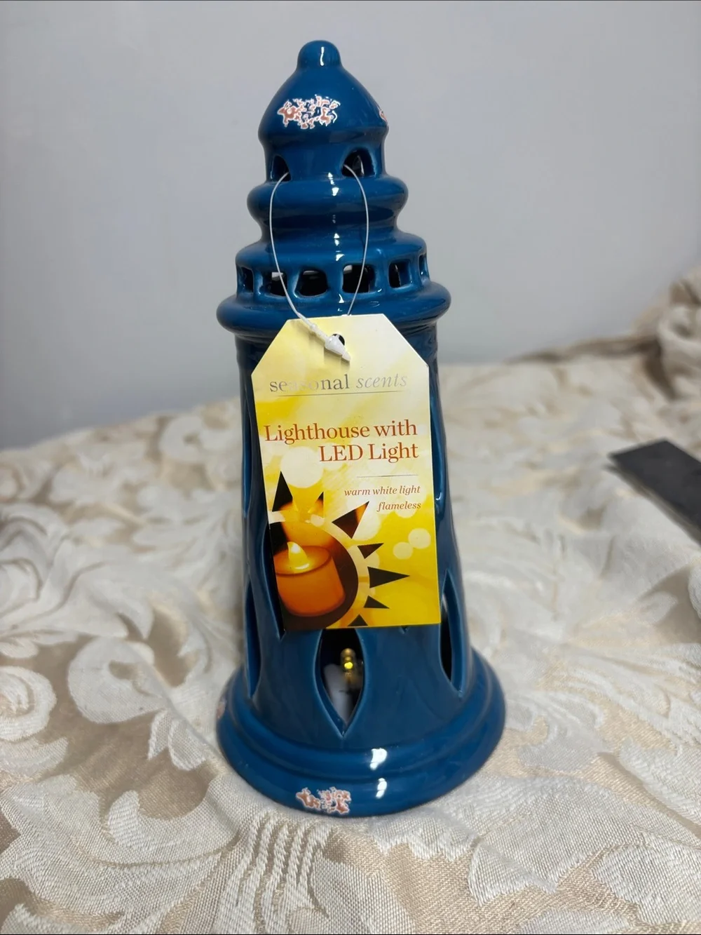 Blue Ceramic Lighthouse with LED Light 8 inches tall New with tag
